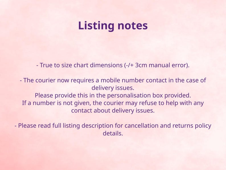 Puede incluir: Fondo rosa con texto morado "Notas del listado". El texto proporciona informaci&oacute;n sobre tablas de tallas, requisitos de n&uacute;mero de m&oacute;vil para la entrega y pol&iacute;ticas de cancelaci&oacute;n.