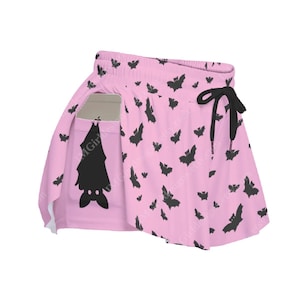 Bat Print Skort: Pink & Black, Elastic Waist, Hidden Pockets