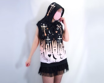 Pastel Goth Sleeveless Hoodie, Cotton Body Warmer