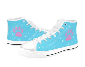 High Top Canvas Shoes, Blue Pink White Ribbon Stars Print, Colourful Aesthetic, Trainers Sneakers, Cute Kawaii Lolita, Black Or White Sole