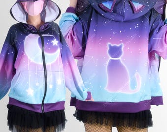 Celestial Cat Ear Hoodie, Kawaii Moon & Stars Constellation Zip-Up