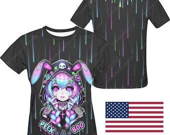 Cyberpunk Bunny Girl T-Shirt: Neon Rain, Pastel Punk, Harajuku Style - USA Made