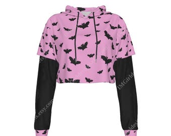 Mesh Sleeve Crop Hoodie, Black Bats & Pink, Pastel Goth Aesthetic, Pull Over Jumper, Hooded, Creepy Cute Style, Cool Sweater