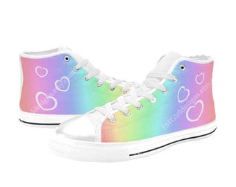 Pastel Rainbow High Top Canvas Shoes: Kawaii Heart Sneakers