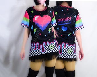 Scene Kid Drip T-Shirt: Pixel Y2K Check Harajuku Streetwear