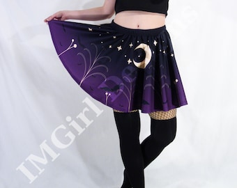 Romantic Goth Skater Skirt: Celestial Bat Floral Night Sky