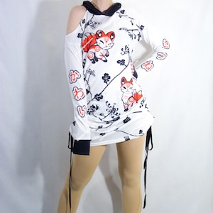 Kawaii Kitsune One Shoulder Dress: Japanese Floral Fox Hooded Dress