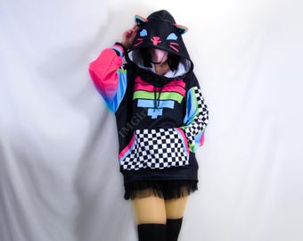 Scene Kid Pixel Spine Cat Ear Hoodie: Y2K Heart Check Alien Neko Pullover