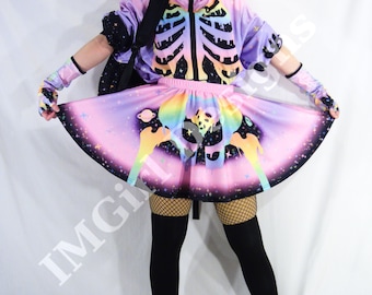 Rainbow Skeleton Skater Skirt: Pastel Goth Alternative Harajuku