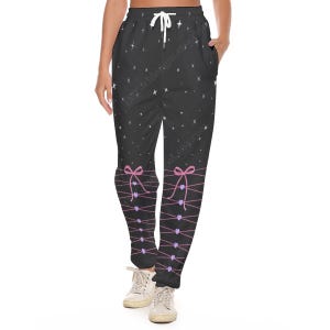Sweatpants, Black Pink White Ribbon Stars Print, Cute Kawaii Trousers, Casual Pants, Jogging Bottoms, Joggers, Pockets, Gothic Lolita Style