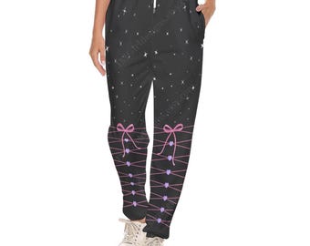 Black Star Print Sweatpants, Pink Ribbon Print Detail, Kawaii Joggers