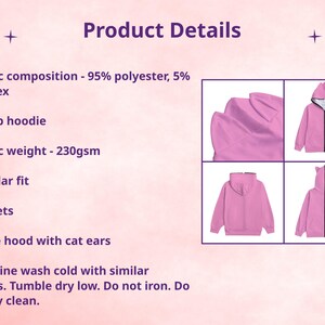 Puede incluir: Sudadera rosa con cremallera y capucha grande con orejas de gato. Los detalles del producto incluyen la composici&oacute;n de la tela, el peso de la tela, corte regular y bolsillos. El texto "Product Details" tambi&eacute;n es visible.