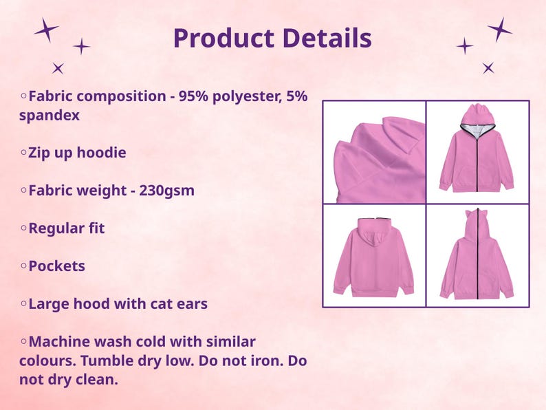 Puede incluir: Sudadera rosa con cremallera y capucha grande con orejas de gato. Los detalles del producto incluyen la composici&oacute;n de la tela, el peso de la tela, corte regular y bolsillos. El texto "Product Details" tambi&eacute;n es visible.