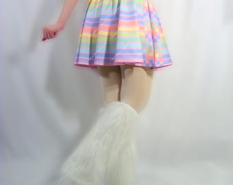 Pink Rainbow Skater Skirt: Kawaii Stripe & Check