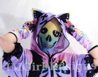 Rainbow Skull Mesh Full Face Mask: Halloween Fabric Costume Headpiece Pastel Goth Harajuku