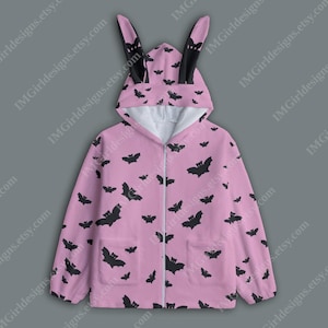 Moletom com capuz de orelha de coelho, lã macia de pelúcia, morcegos pretos e rosa, zíper, capuz, estilo fofo e assustador, suéter de coelho, estética gótica pastel, suéter