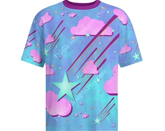 Camiseta holgada de manga larga: estampado celestial pastel, estilo Harajuku Decora