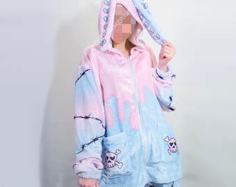 Bunny Ear Fleece Hoodie, Pastel Goth Drip Design