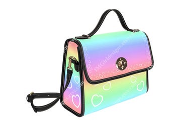 Pastel Rainbow Heart Canvas Handbag: Kawaii Crossbody Purse