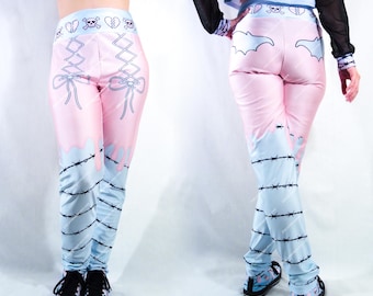Pastel Goth High Waisted Leggings, Creepy Kawaii Drip Theme