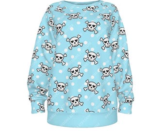 Felpa con teschio e tibie incrociate a pois: pullover gotico blu pastello
