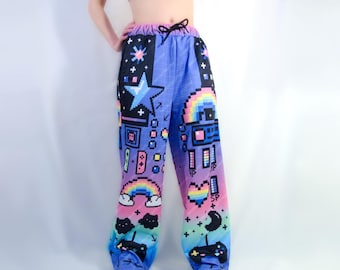Pixel Art Pants, Retro Arcade Gamer Baggy Trousers