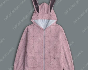 Bunny Ear Fleece Hoodie: Pink Asanoha Pattern, Kawaii Zip-Up Sweater