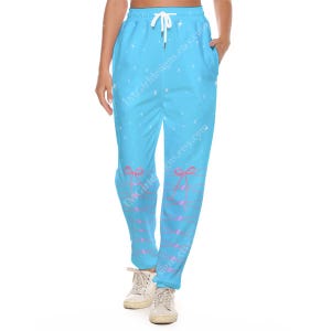 Sweatpants, Blue Pink White Ribbon Stars Print, Cute Kawaii Aesthetic, Casual Pants, Jogging Bottoms, Joggers Pockets, Lolita Style Trousers