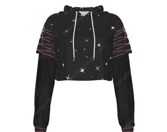 Mesh Sleeve Crop Hoodie, Black Pink White Ribbon Stars Print, Cute Kawaii Aesthetic, Pull Over Jumper, Hooded, Gothic Lolita Style, Sweater