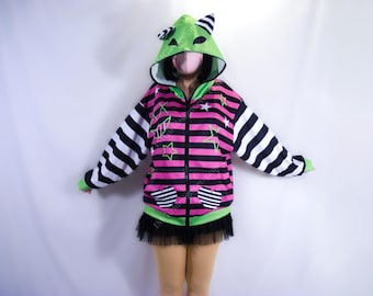 Scene Kid Cat Ear Hoodie: Pink, Green, Black & White Stripe Zip-Up