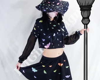 Mesh Sleeve Crop Hoodie, Pastel Rainbow Bats & Black, Pastel Goth Aesthetic, Pull Over Jumper, Hooded, Creepy Cute Style, Cool Sweater