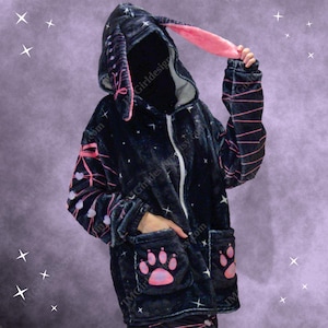 Moletom com capuz de orelha de coelho, lã macia e felpuda, preto, rosa, branco, fita, patas de coelho, cauda de estrela, zíper, capuz, estética lolita, coelho kawaii