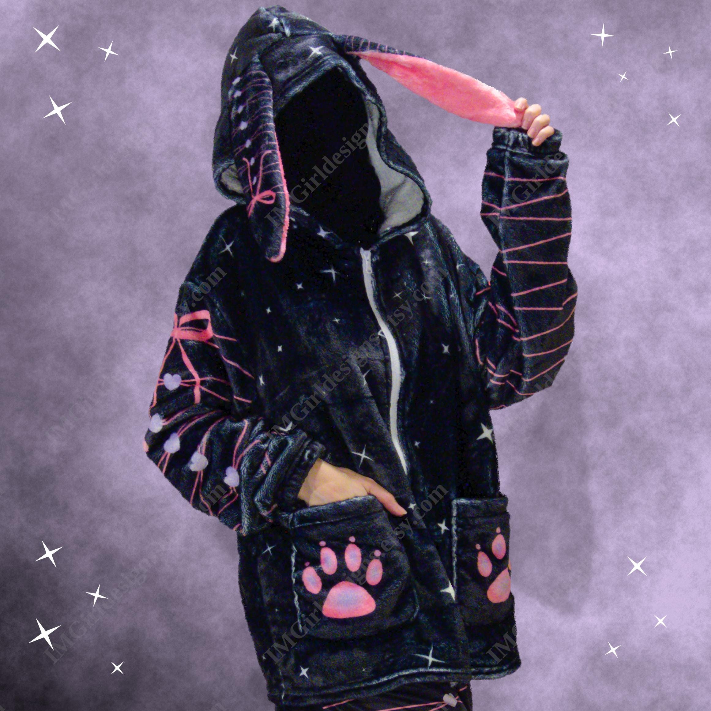 Bunny Ear Hoodie, Soft Plush Fleece, Black Pink White Ribbon