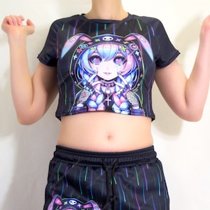 Cyberpunk Bunny Girl Crop Top: Neon Rain, Pastel Goth Harajuku Style