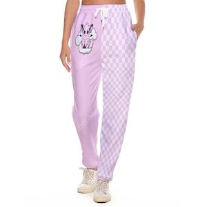 Sweatpants, Pink White Fluffball Cartoon Chequered Print, Kawaii Aesthetic, Casual Pants, Jogging Bottoms, Joggers, Pockets, Cute Trousers