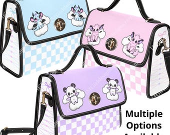 Kawaii Cartoon Canvas Handbag: Purple/Pink/Blue Chequered Crossbody Purse