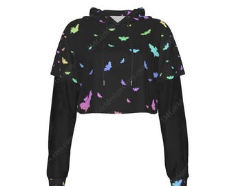 Mesh Sleeve Crop Hoodie, Pastel Rainbow Bats & Black, Pastel Goth Aesthetic, Pull Over Jumper, Hooded, Creepy Cute Style, Cool Sweater