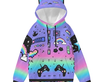 Pixel Art Cat Ear Hoodie, Retro Arcade Gamer Pullover Jumper
