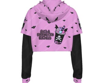 Mesh Sleeve Crop Hoodie, Just A Happy Little Boba Bat, Pastel Goth Aesthetic, Pull Over Jumper, Hooded, Pink Bubble Tea Theme, Sweater