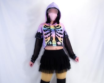 Mesh Sleeve Crop Hoodie, Pastel Goth Harajuku Rainbow Skeleton