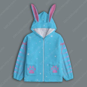 Moletom com capuz de orelha de coelho, lã macia de pelúcia, azul, rosa, branco, fita, patas de coelho, cauda de estrelas, zíper, capuz, estética lolita, coelho kawaii