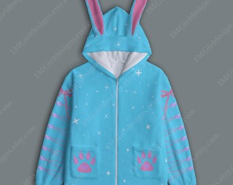 Blauwe hoodie met konijnenoor, pluche fleece met sterrenpootafdruk, kawaii jack met rits