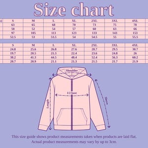 Puede incluir: Una tabla de tallas con medidas en cent&iacute;metros y pulgadas para una sudadera con capucha. La tabla incluye medidas de largo, hombro, busto y manga, desde la talla S hasta la 5XL. Tambi&eacute;n se muestra un diagrama de la sudadera.