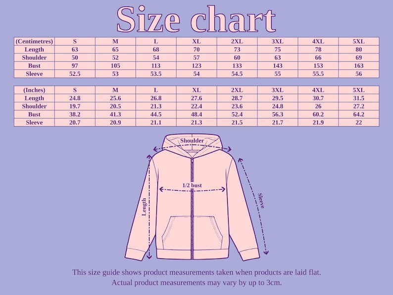 Puede incluir: Una tabla de tallas con medidas en cent&iacute;metros y pulgadas para una sudadera con capucha. La tabla incluye medidas de largo, hombro, busto y manga, desde la talla S hasta la 5XL. Tambi&eacute;n se muestra un diagrama de la sudadera.