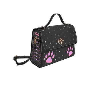 Canvas Purse, Black Pink White Ribbon Stars Print, Cute Kawaii Aesthetic, Shoulder Cross Body Handbag, Removable Strap Bag, Gothic Lolita