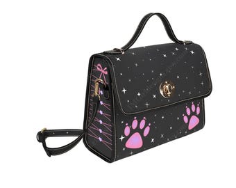 Canvas Purse Handbag: Kawaii Stars & Paw Prints, Removable Strap