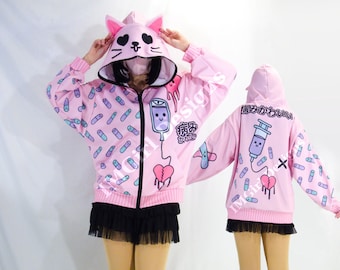 Menhera Cat Ear Hoodie, Yami Kawaii Harajuku Zip-Up