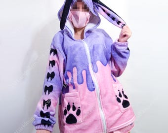 Pastel Goth Bunny Ear Fleece Hoodie, Kawaii Drip Jumper
