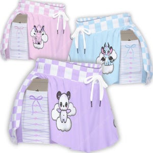 Skorts Purple/Blue/Pink White, Cartoon Chequered Design Print, Elasticated Waist, Pockets, Kawaii Aesthetic, Shorts Loose Overlay, Comfy