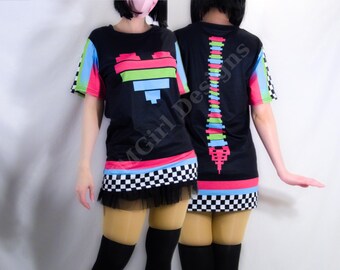 Scene Kid Pixel Spine T-Shirt: Y2K Check Harajuku Streetwear
